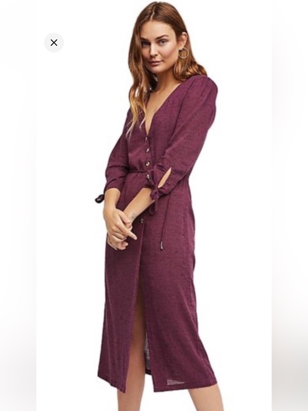 Free People Burgundy Button-Front Midi Dress with Tie Waist